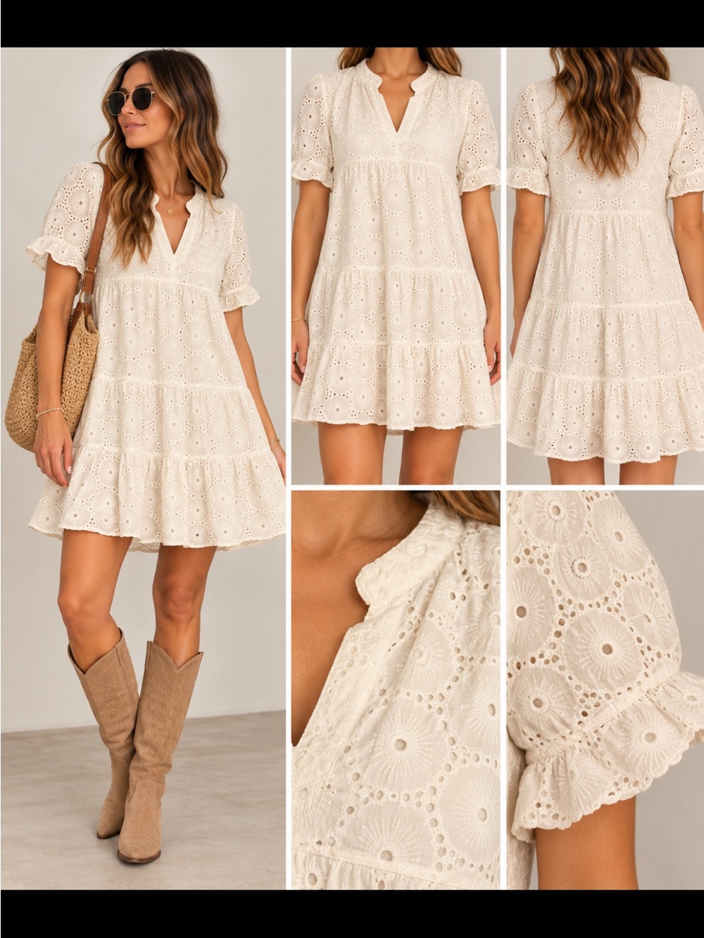 Eyelet Tiered Mini Dress in Cream. Luxury brand. Very nice quality.